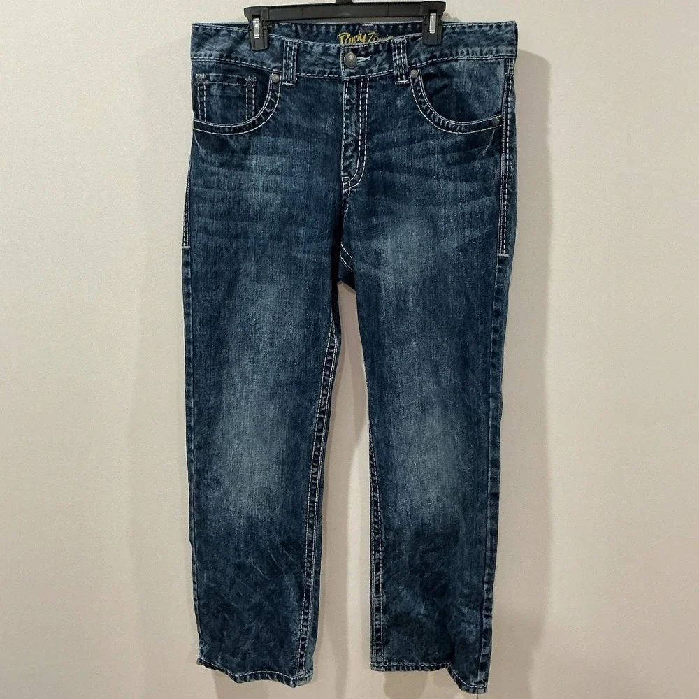 Wrangler Rock 47 Denim Relaxed Mens 36 X 32 Boot Cut Jeans Western Heavy Stitch